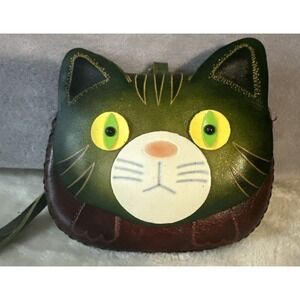 Genuine Leather Cat With Big Green Eyes Wristlet/Wallet Nicely Made